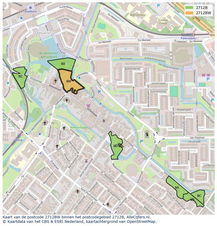 Afbeelding van het postcodegebied 2712 BW op de kaart.