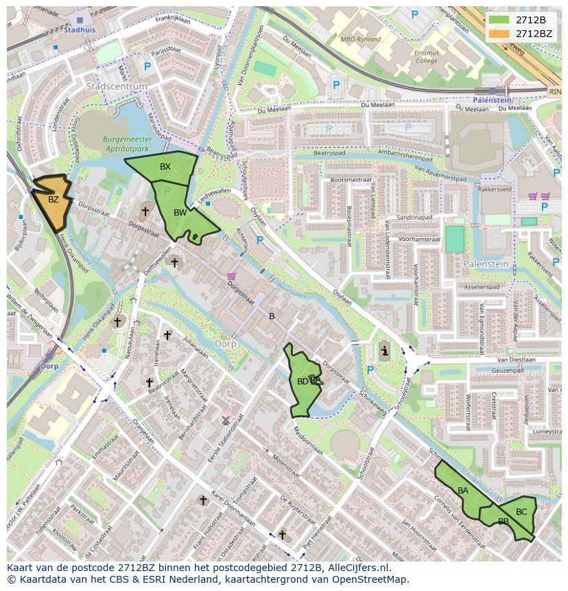 Afbeelding van het postcodegebied 2712 BZ op de kaart.