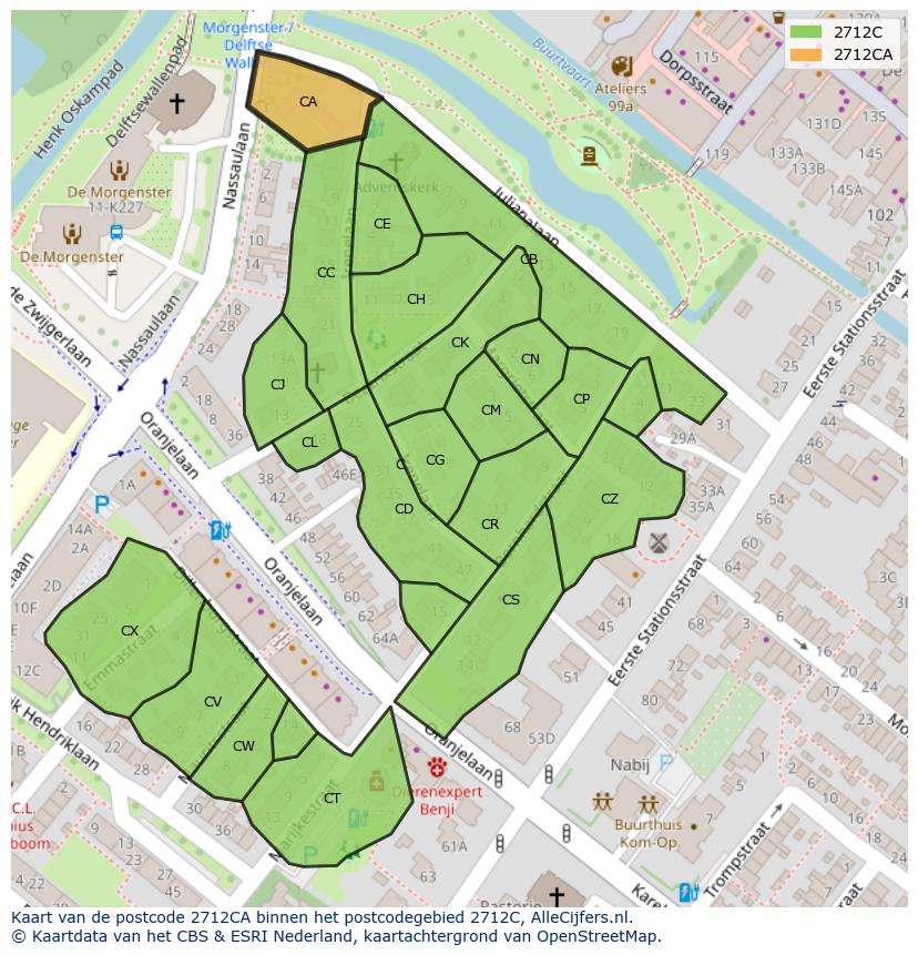 Afbeelding van het postcodegebied 2712 CA op de kaart.