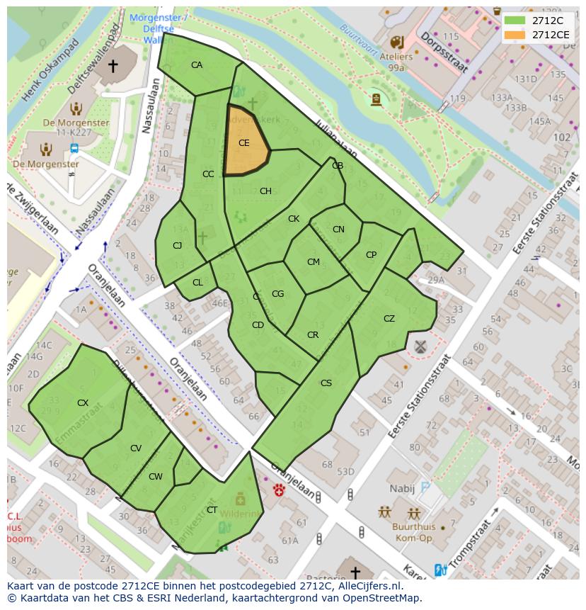 Afbeelding van het postcodegebied 2712 CE op de kaart.