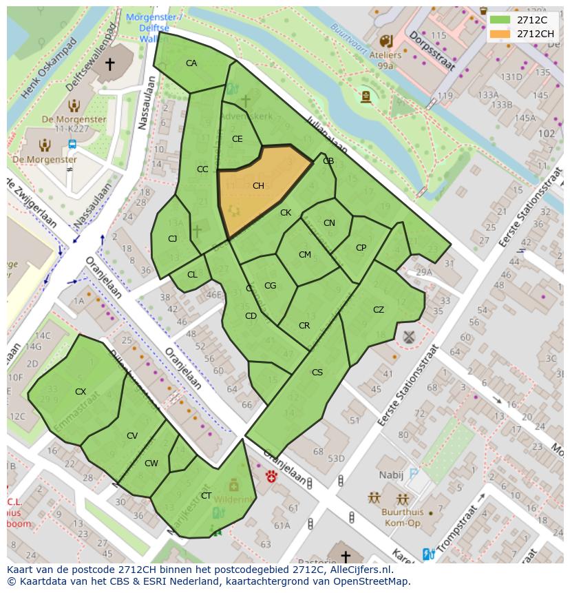 Afbeelding van het postcodegebied 2712 CH op de kaart.