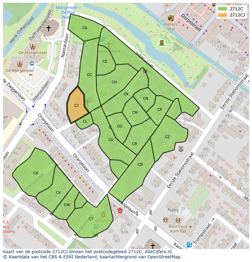 Afbeelding van het postcodegebied 2712 CJ op de kaart.