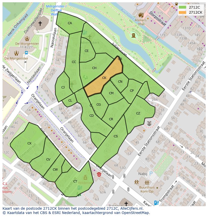 Afbeelding van het postcodegebied 2712 CK op de kaart.