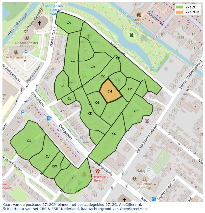 Afbeelding van het postcodegebied 2712 CM op de kaart.