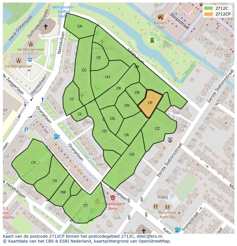 Afbeelding van het postcodegebied 2712 CP op de kaart.