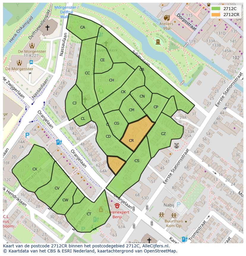 Afbeelding van het postcodegebied 2712 CR op de kaart.