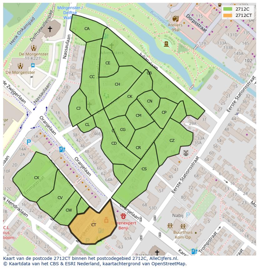 Afbeelding van het postcodegebied 2712 CT op de kaart.