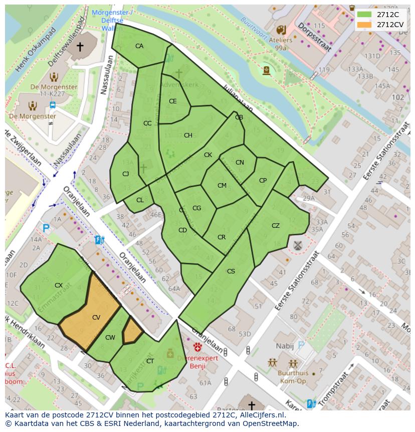 Afbeelding van het postcodegebied 2712 CV op de kaart.