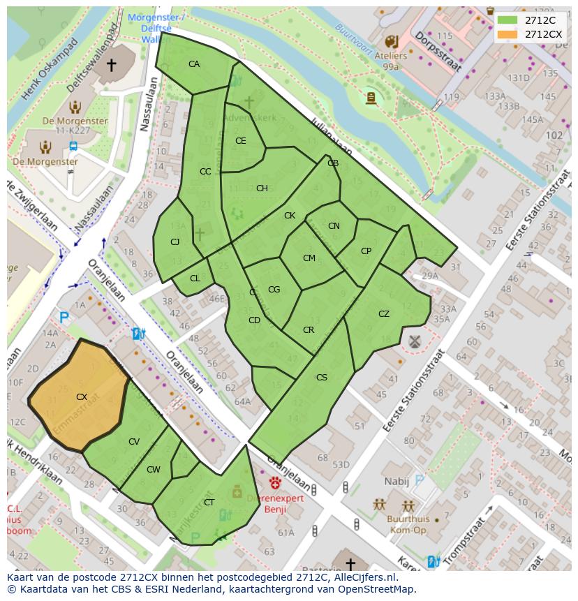 Afbeelding van het postcodegebied 2712 CX op de kaart.