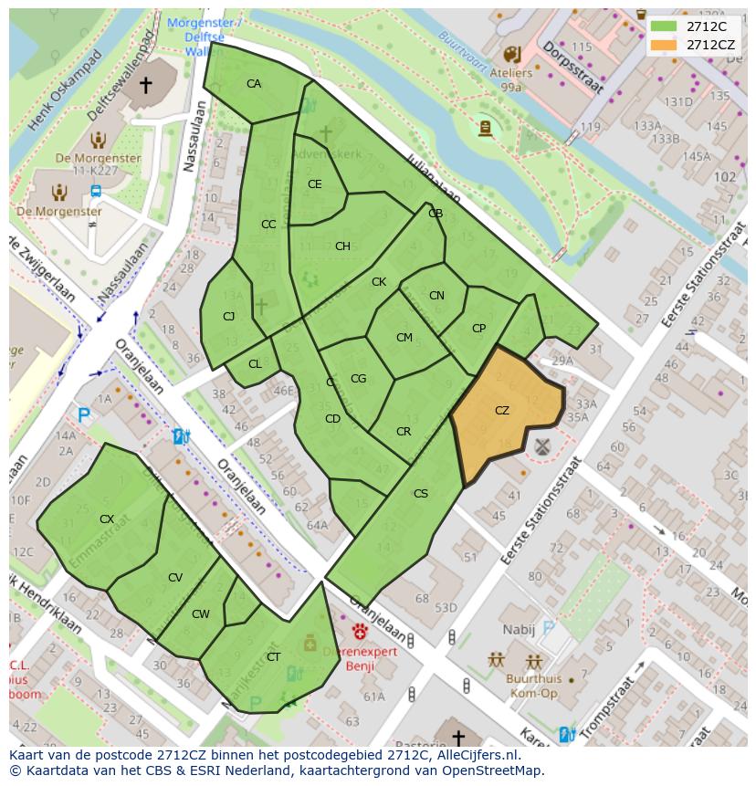 Afbeelding van het postcodegebied 2712 CZ op de kaart.