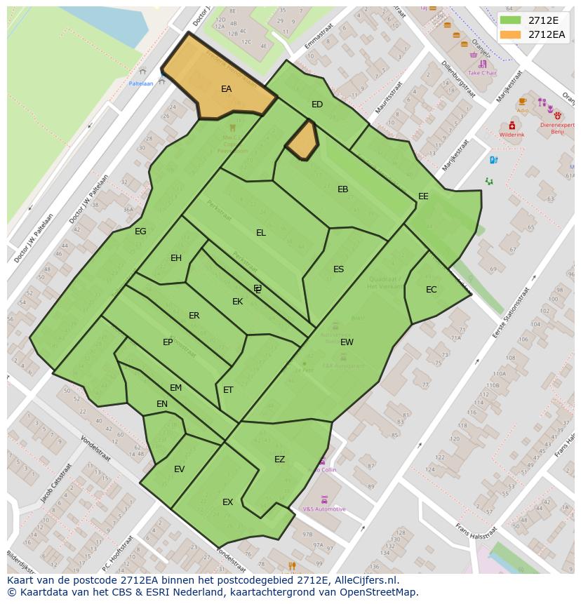 Afbeelding van het postcodegebied 2712 EA op de kaart.