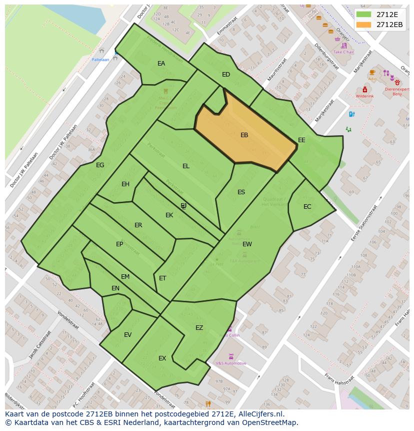 Afbeelding van het postcodegebied 2712 EB op de kaart.