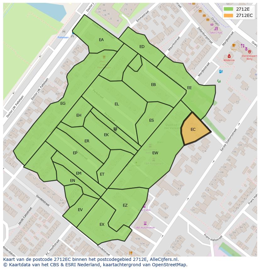 Afbeelding van het postcodegebied 2712 EC op de kaart.
