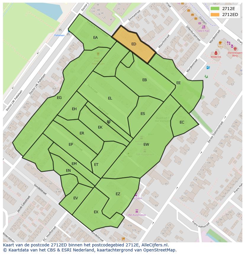 Afbeelding van het postcodegebied 2712 ED op de kaart.