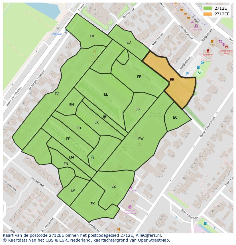 Afbeelding van het postcodegebied 2712 EE op de kaart.