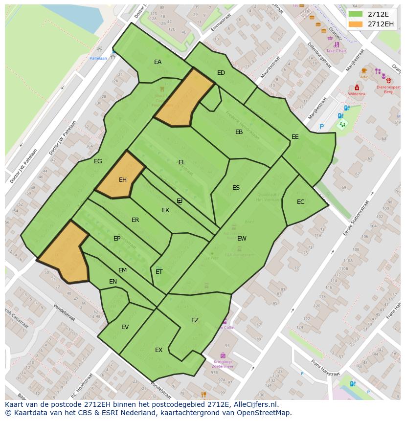 Afbeelding van het postcodegebied 2712 EH op de kaart.