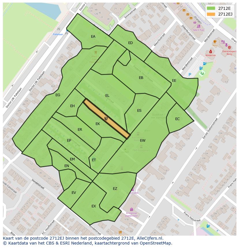 Afbeelding van het postcodegebied 2712 EJ op de kaart.