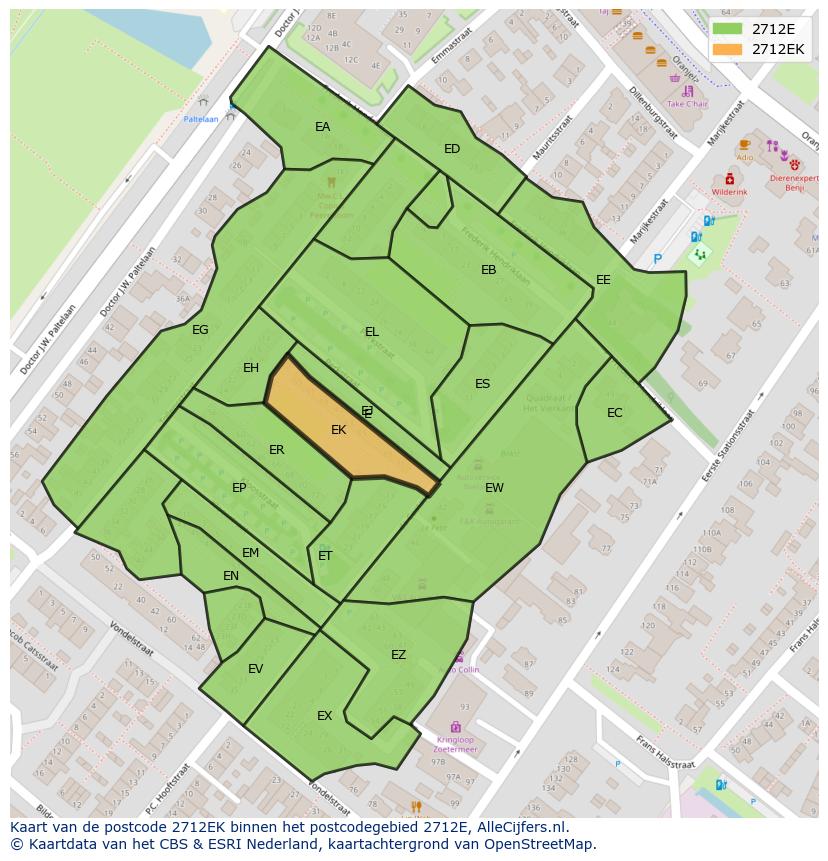 Afbeelding van het postcodegebied 2712 EK op de kaart.