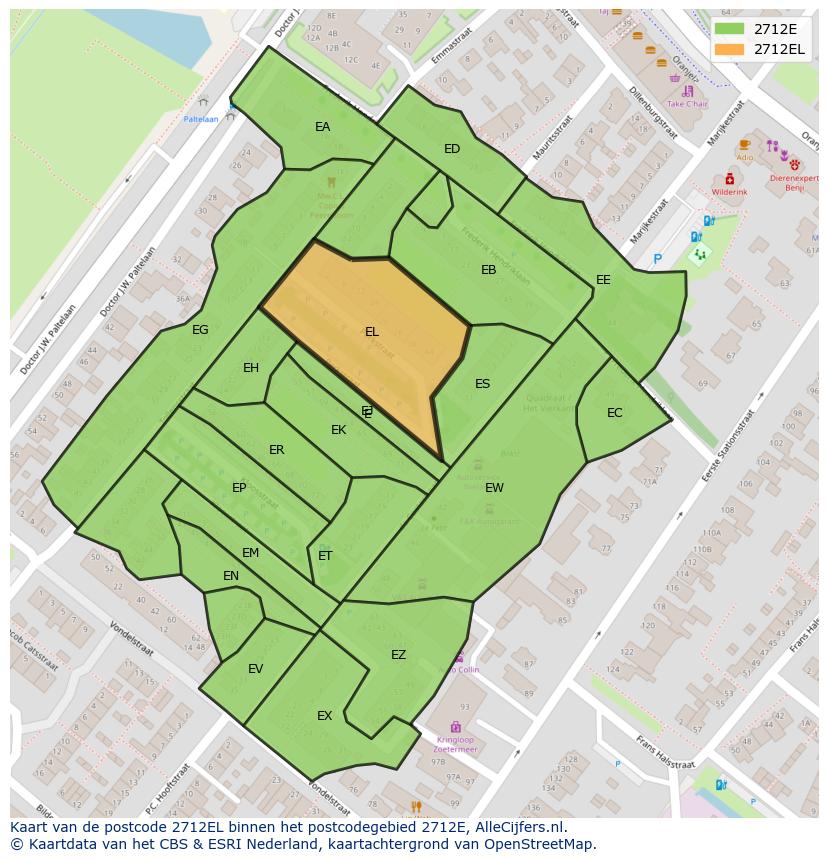 Afbeelding van het postcodegebied 2712 EL op de kaart.