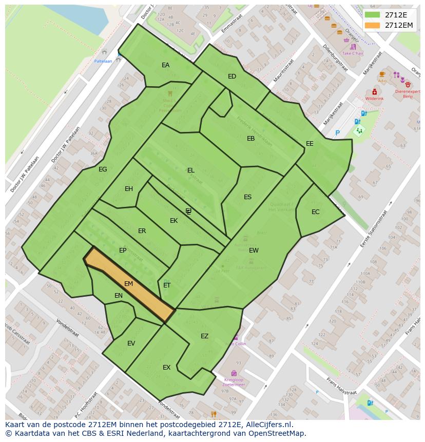 Afbeelding van het postcodegebied 2712 EM op de kaart.