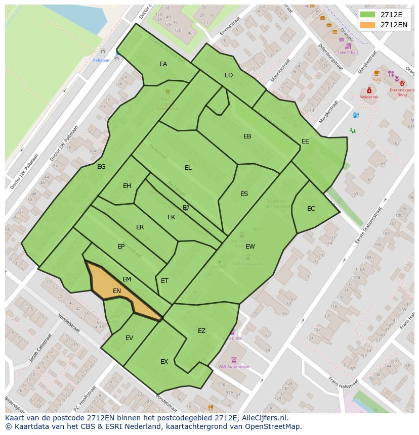 Afbeelding van het postcodegebied 2712 EN op de kaart.