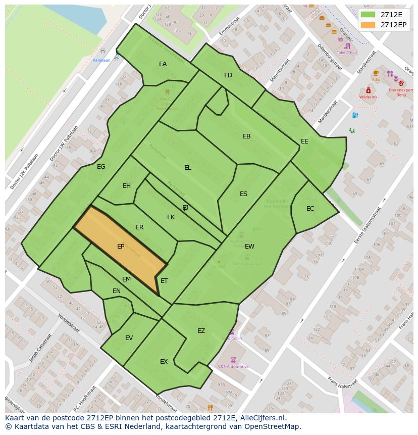 Afbeelding van het postcodegebied 2712 EP op de kaart.