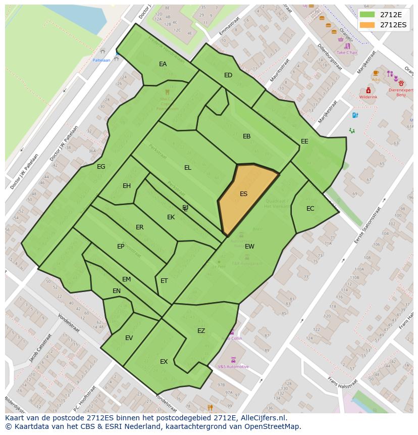 Afbeelding van het postcodegebied 2712 ES op de kaart.