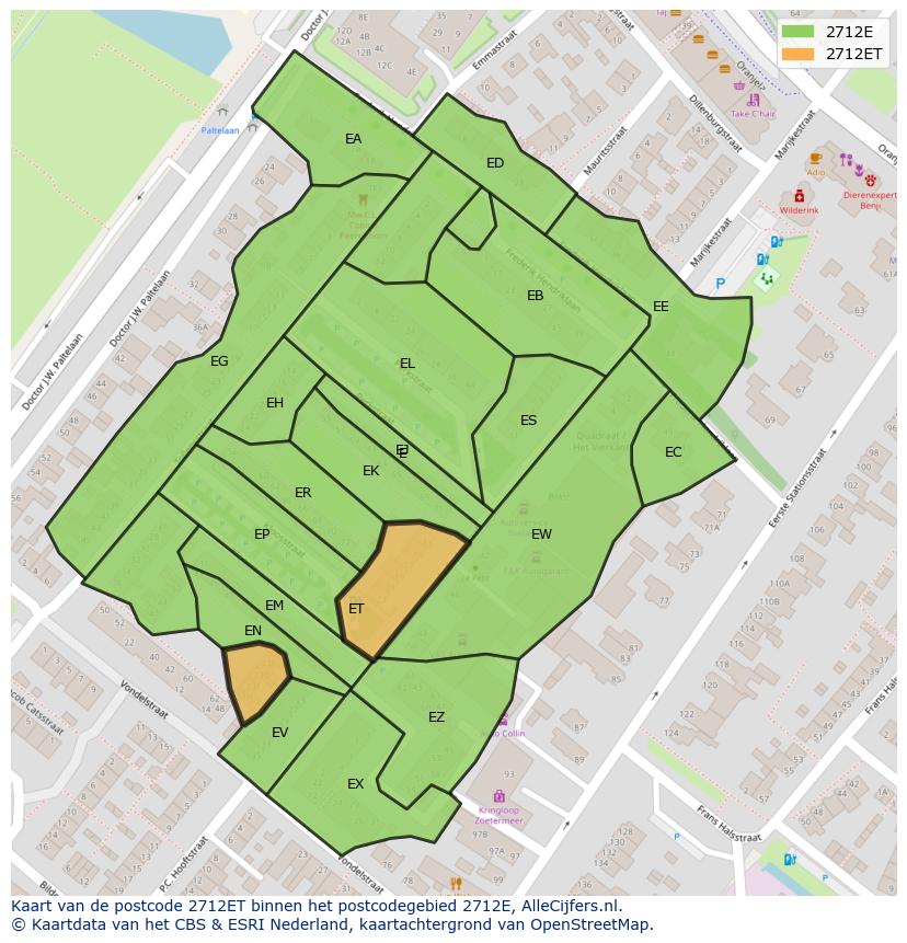 Afbeelding van het postcodegebied 2712 ET op de kaart.