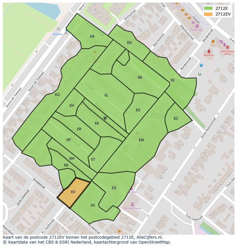 Afbeelding van het postcodegebied 2712 EV op de kaart.