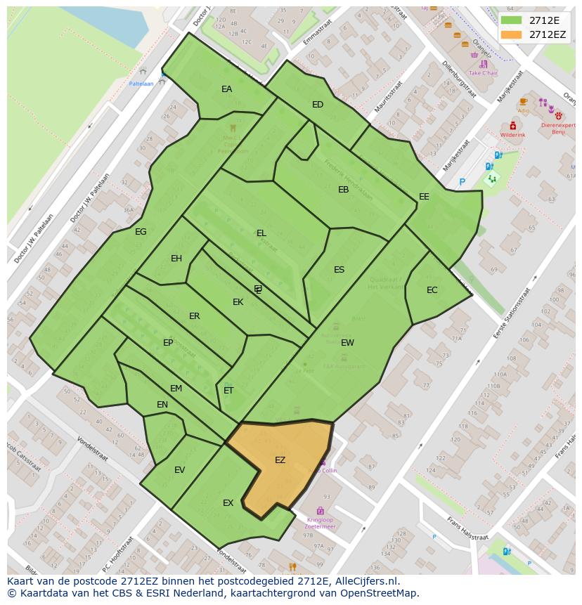 Afbeelding van het postcodegebied 2712 EZ op de kaart.