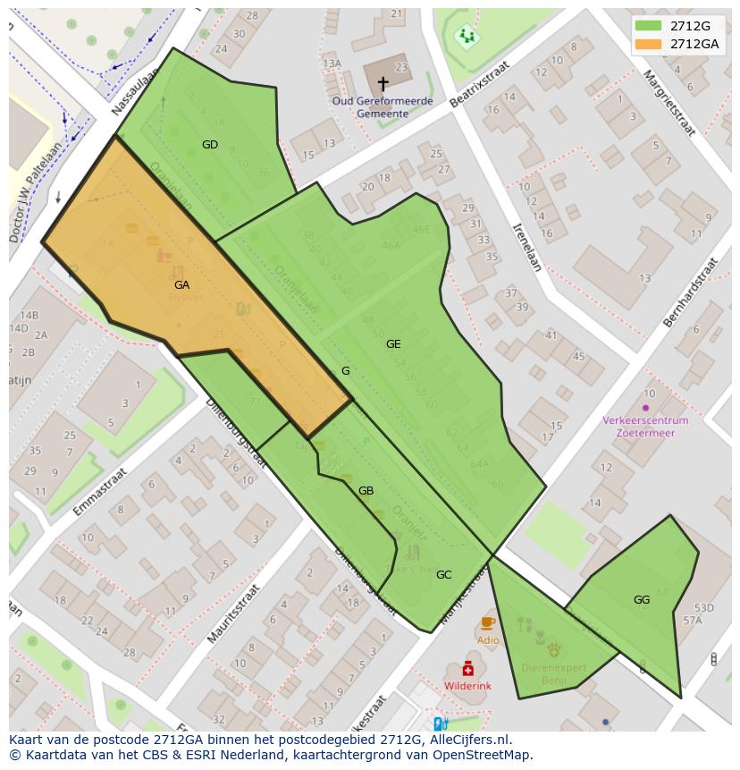 Afbeelding van het postcodegebied 2712 GA op de kaart.