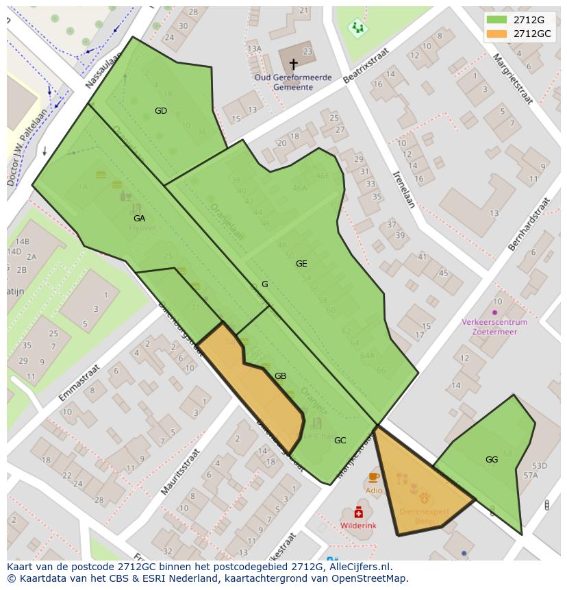 Afbeelding van het postcodegebied 2712 GC op de kaart.