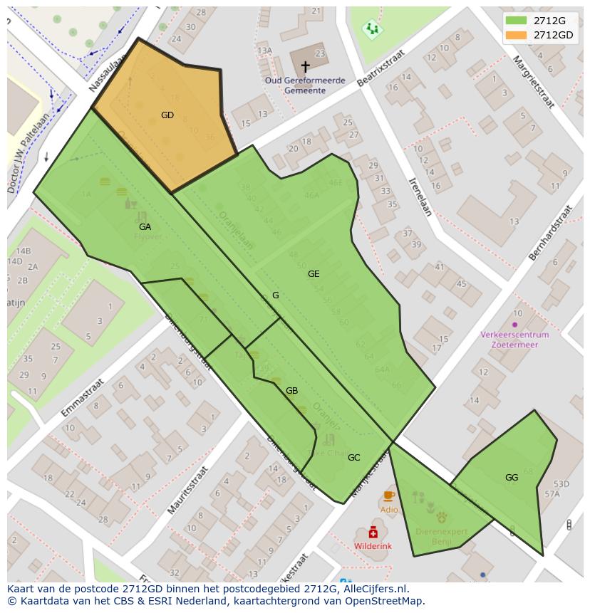 Afbeelding van het postcodegebied 2712 GD op de kaart.