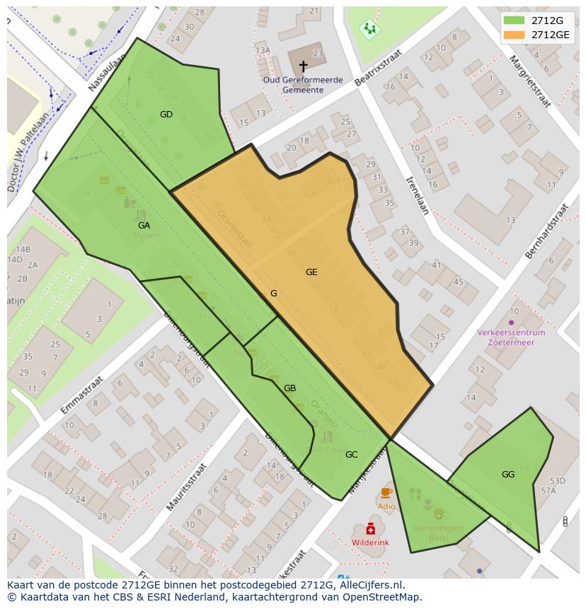 Afbeelding van het postcodegebied 2712 GE op de kaart.