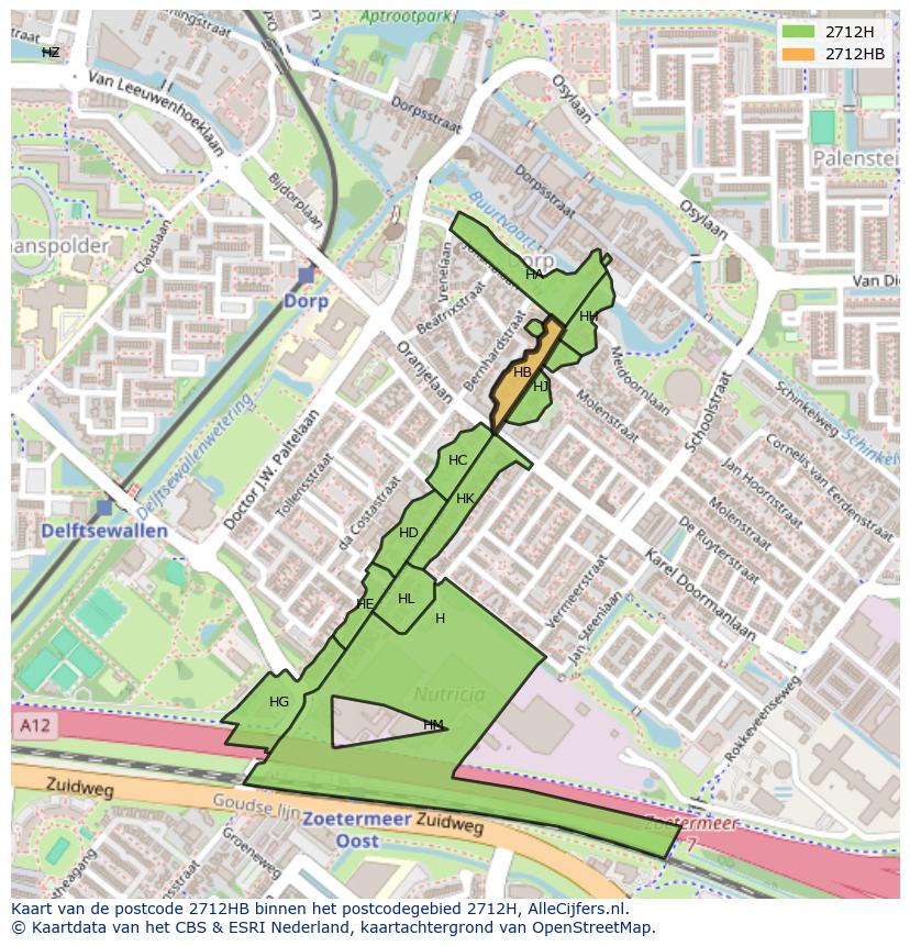Afbeelding van het postcodegebied 2712 HB op de kaart.