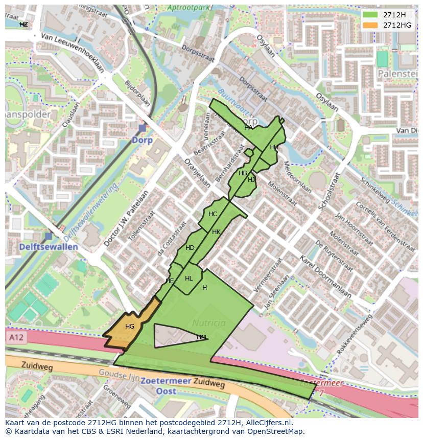 Afbeelding van het postcodegebied 2712 HG op de kaart.
