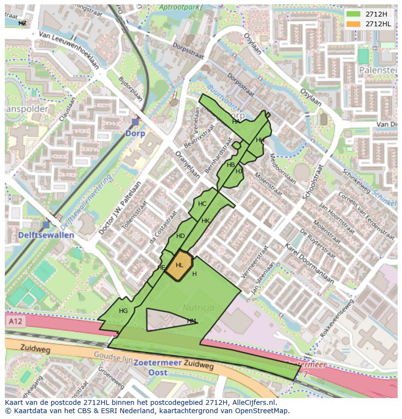 Afbeelding van het postcodegebied 2712 HL op de kaart.