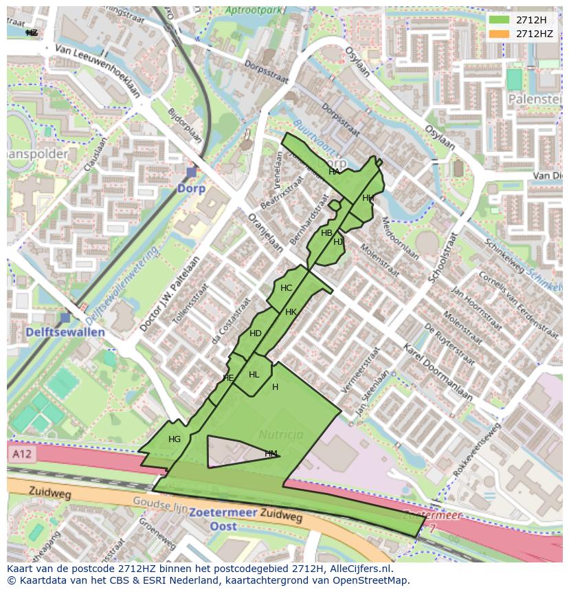 Afbeelding van het postcodegebied 2712 HZ op de kaart.