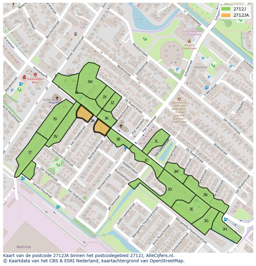 Afbeelding van het postcodegebied 2712 JA op de kaart.