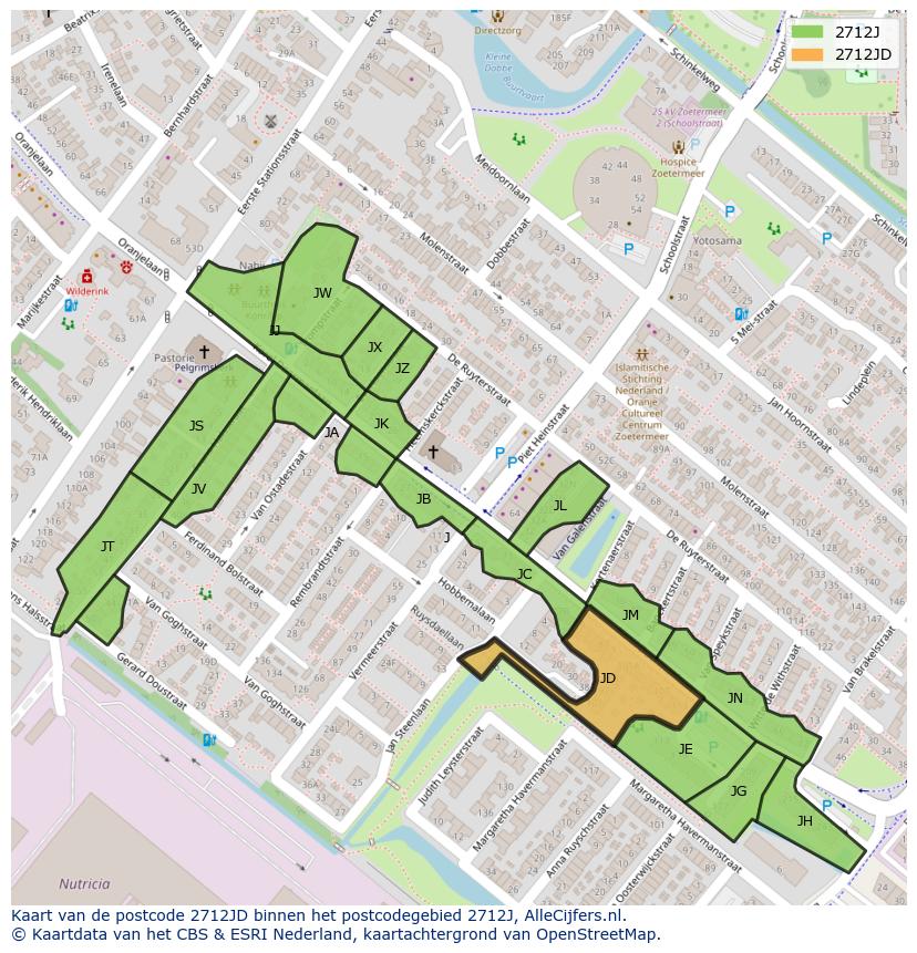 Afbeelding van het postcodegebied 2712 JD op de kaart.