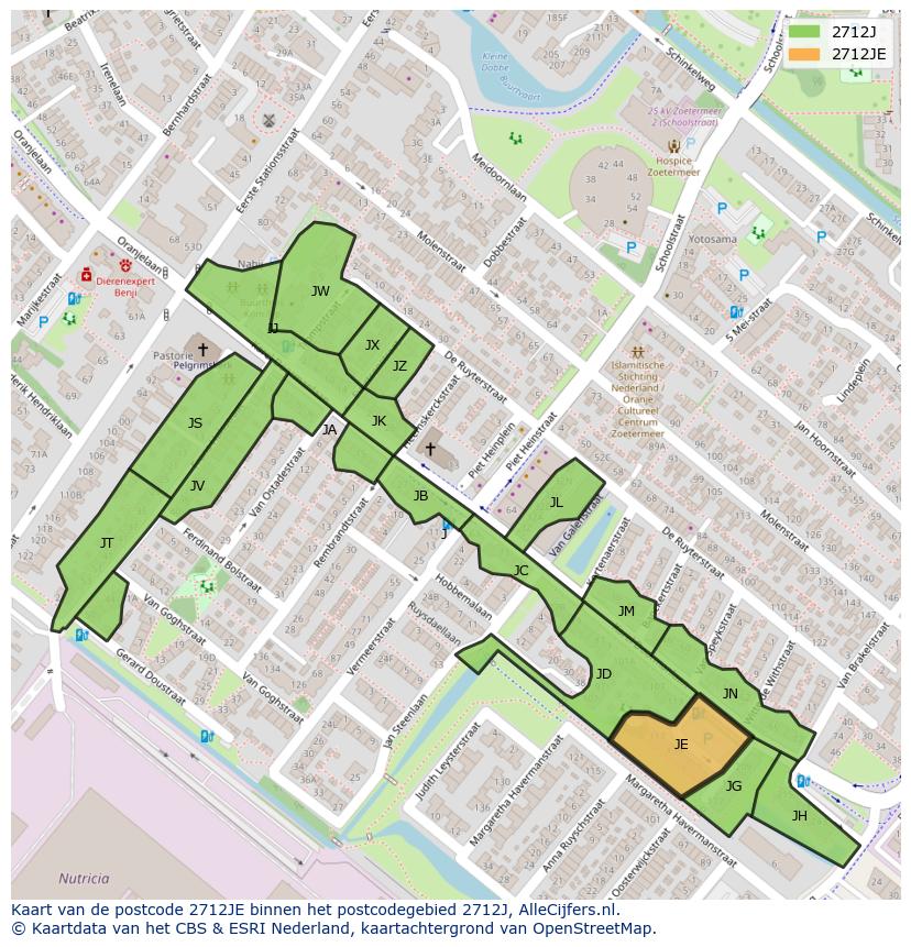 Afbeelding van het postcodegebied 2712 JE op de kaart.
