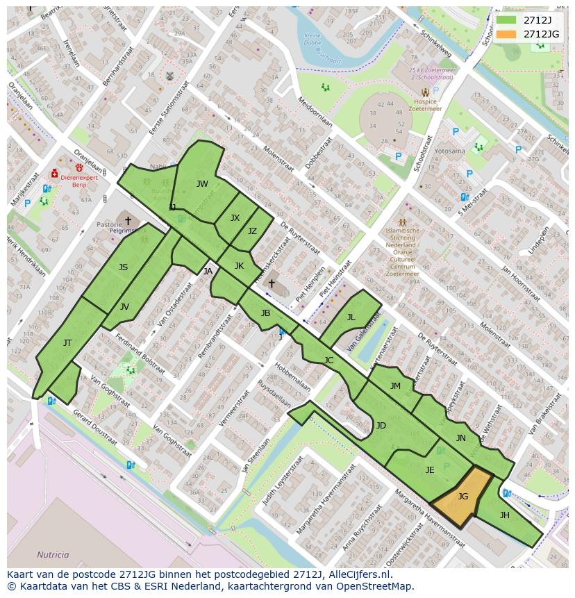 Afbeelding van het postcodegebied 2712 JG op de kaart.