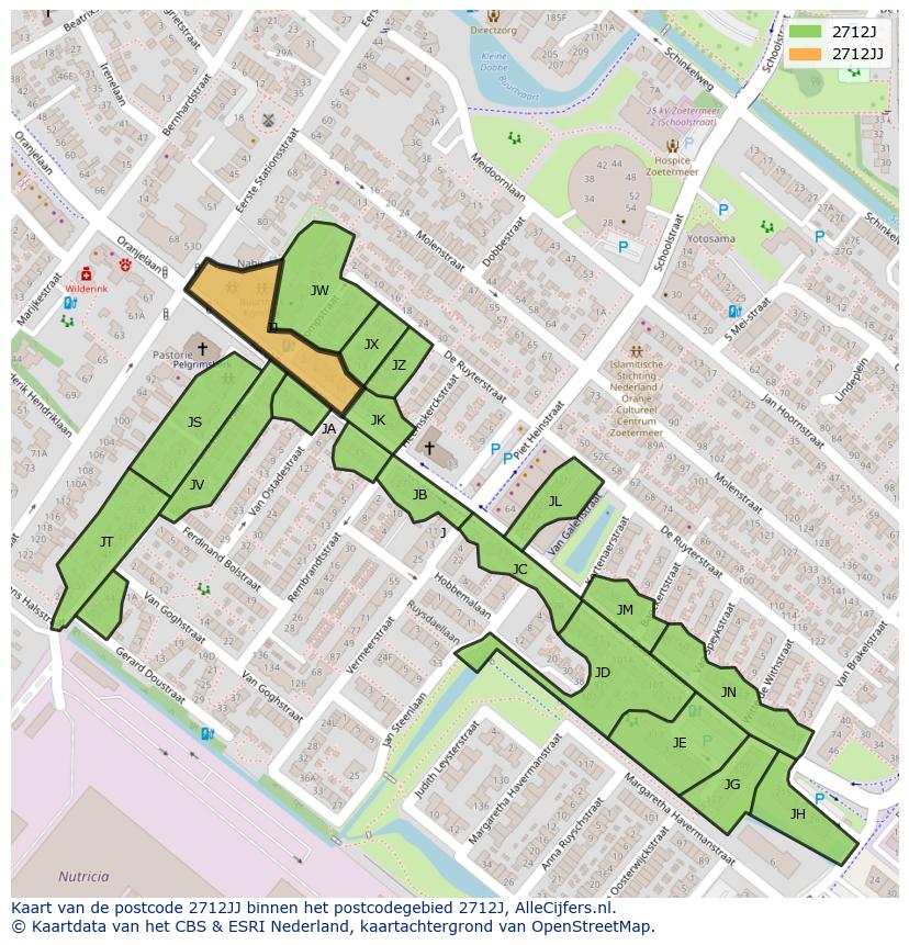 Afbeelding van het postcodegebied 2712 JJ op de kaart.