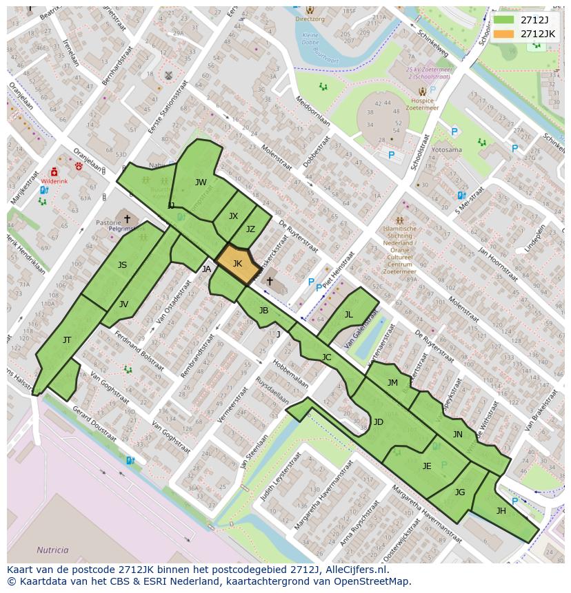 Afbeelding van het postcodegebied 2712 JK op de kaart.