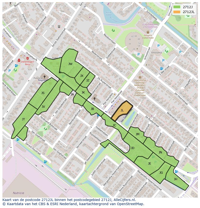 Afbeelding van het postcodegebied 2712 JL op de kaart.