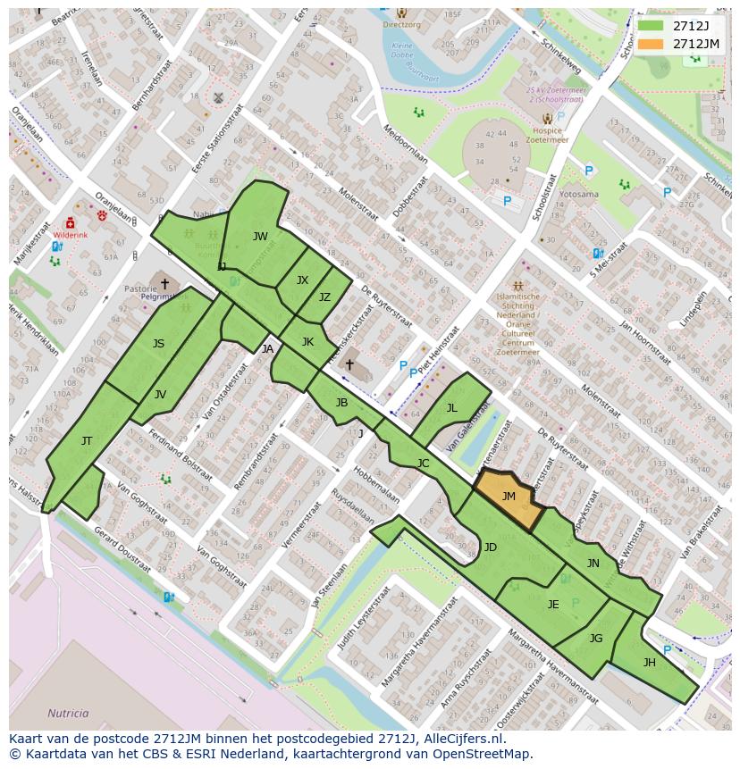 Afbeelding van het postcodegebied 2712 JM op de kaart.