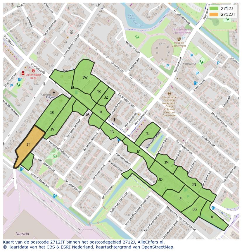 Afbeelding van het postcodegebied 2712 JT op de kaart.