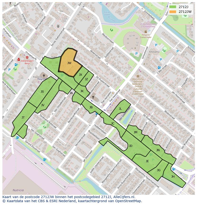 Afbeelding van het postcodegebied 2712 JW op de kaart.