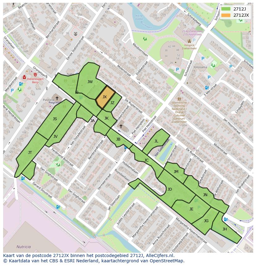 Afbeelding van het postcodegebied 2712 JX op de kaart.