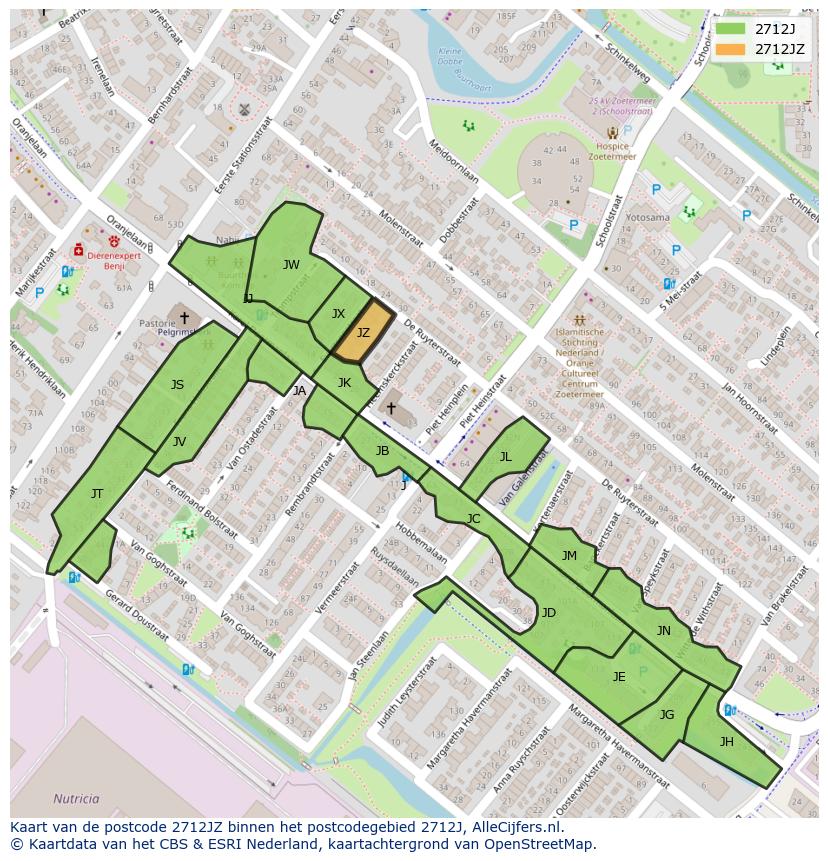 Afbeelding van het postcodegebied 2712 JZ op de kaart.